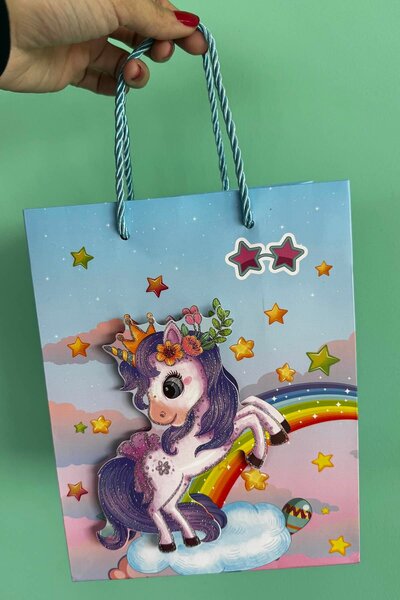 TAKIŞTIR Blue Color Unicorn Figured 3D Look Cardboard Bag