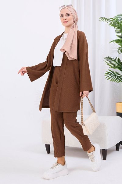 TOFİSA Cardigan Trousers Double Suit Brown - 27115