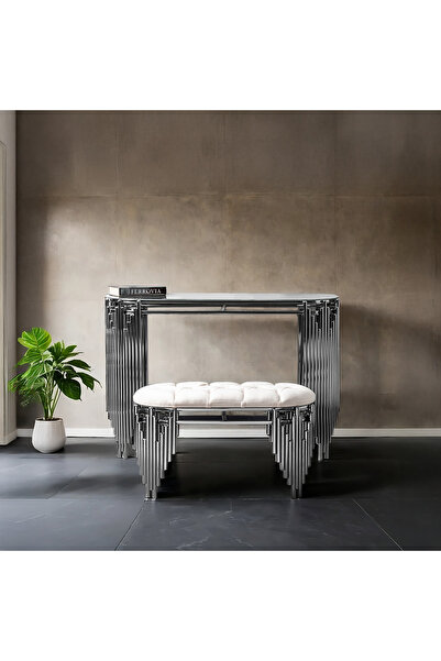 FERROVIA GÜMÜŞ DRESUAR PUF METAL AYNALI ANTRE SET