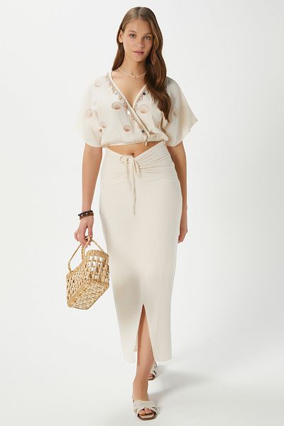 Ritnice Women's Nara Muslin Stone Oyster Embroidered Blouse Skirt Bottom Top Set