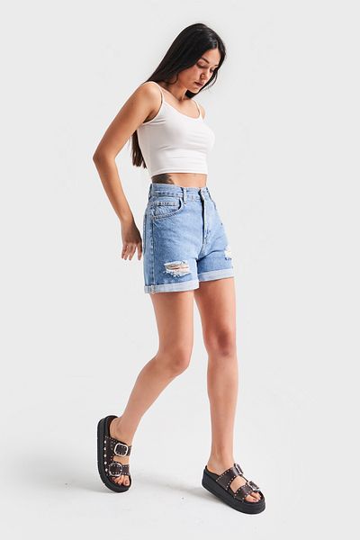 its basic Blugi de culoare denim cu talie înaltă model rupt