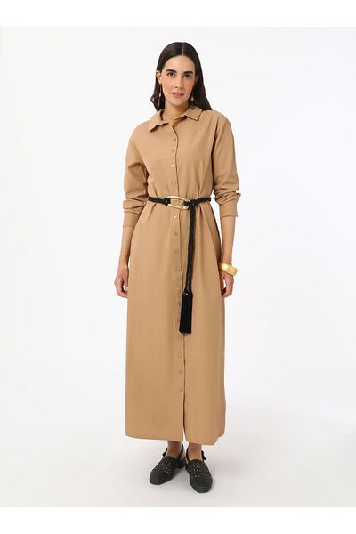Refka Φόρεμα Hijab με λεπτομέρεια με κουμπιά Poplin - Camel - Refka