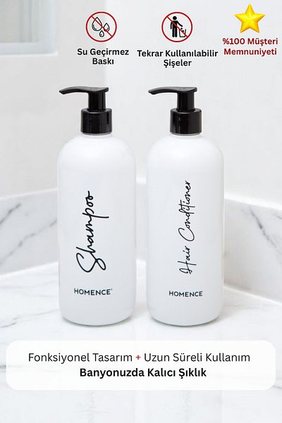 homence Set of 2 White Soap Dispensers 500 ml - Printed Plastic Bottle Bathroom