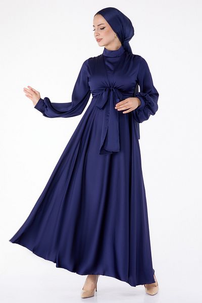 TOFİSA Βραδινό φόρεμα με μπροστινό δέσιμο Navy Blue - 25342