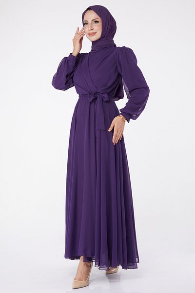 TOFİSA Double Breasted Collar Belted Evening Dress Purple - 23864