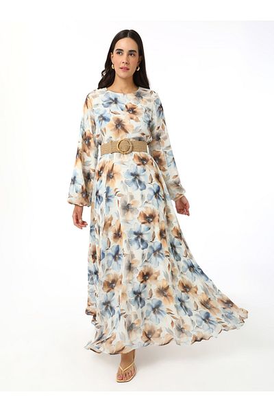 Refka Φόρεμα Hijab Chiffon με Floral Print - Καφέ - Refka