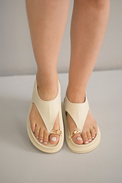 Elvin Shoe Nova Γυναικεία Κρεμ Δερμάτινα Καθημερινά Σανδάλια με Δαχτυλίδια