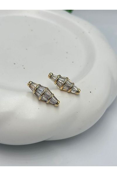 MyladyAccessoriess Double Color and Baguette Stone Detail Nail Earrings