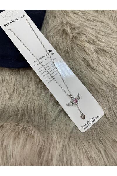 TASARIM13 Stainless Steel Çelik Kanatlı Kalp Model Zirkon Taş Detay Kadın Kolye