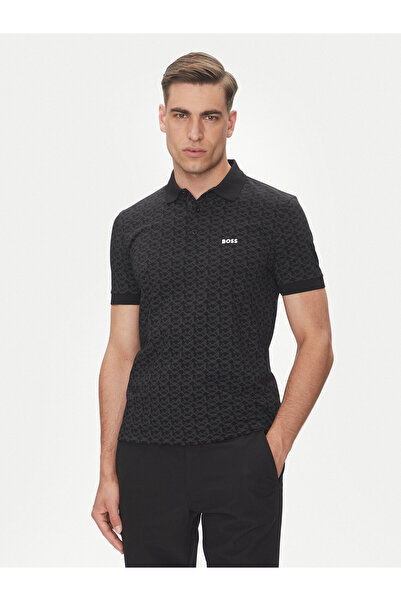 BOSS Erkek Regular Fit Monogram Logo Desenli Pamuklu Kısa Kollu Siyah Polo Ya...