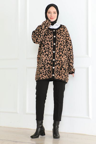 TOFİSA Plain Medium Women's Black Leopard Knitwear Cardigan - 26609
