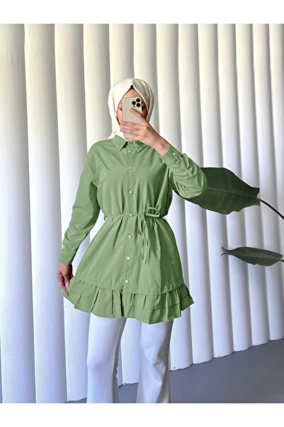 Modamorfo Green Hem Tiered Ruffled Buttoned Poplin Shirt Tunic