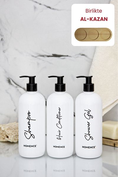 homence Shampoo Shower Gel Conditioner Printed Plastic Bottle Bathroom Set 3-Piece White Soap Dispenser 500ml