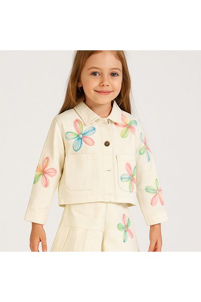 wakawakakidsstore Costum pentru fetiță cu buzunare și fustă scurtă cu aplicații florale - Ecru