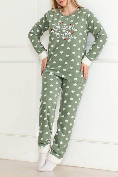 TOFİSA Embroidered Plush Fleece Pajama Set Khaki - 26636
