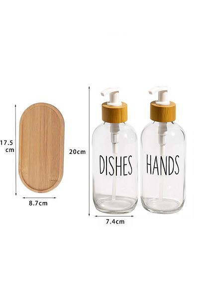 Home Set dozator de săpun lichid și detergent din sticlă chihlimbar din 2 piese cu bază de bambus