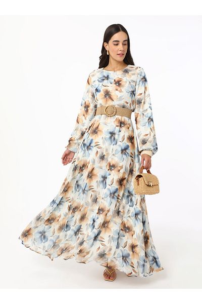 Refka Φόρεμα Hijab Chiffon με Floral Print - Καφέ - Refka