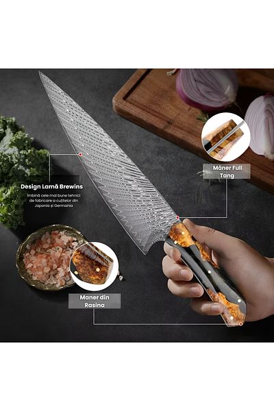 NEOSOR Chef's Knife, VG10 Damascus Steel, 67 Layers, Hand Forged, Full Tang, Fishbone Pattern, Blade 19 cm