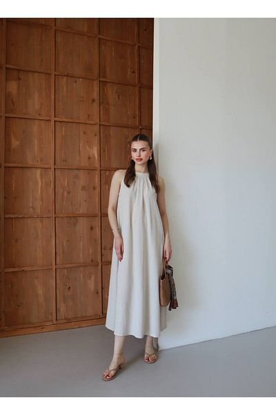 OTAKU Women's Shirred Collar Casual Summer Midi Dress