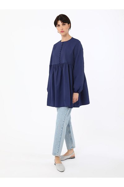 Benin Buttoned Tunic with Shirring Detail - Navy Blue - Benin