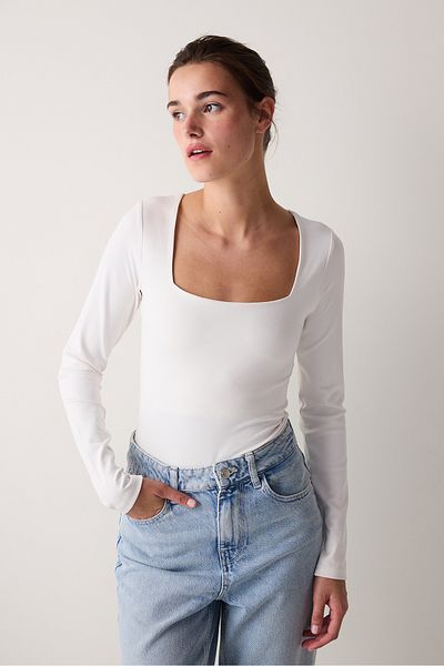 Penti Body slim cu mânecă lungă cu guler pătrat alb