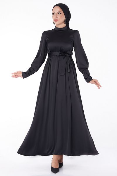 TOFİSA Belted Evening Dress Black - 26145