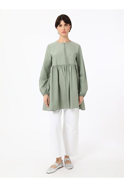 Benin Gathered Waist Button Detailed Tunic - Light Mint - Benin