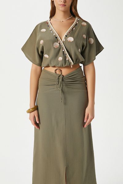 Ritnice Women's Nara Muslin Khaki Oyster Embroidered Blouse Skirt Bottom Top Set
