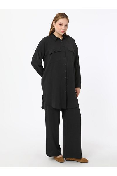 ALİA Large Size Pocket Detailed Buttoned Tunic&Pants Double Aerobin Suit - Black - Alia