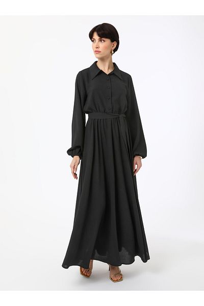 Refka Φόρεμα Hijab με Ζώνη με Λεπτομέρεια Κουμπιού - Μαύρο - Refka