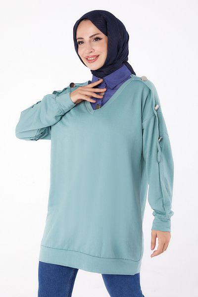 TOFİSA Denim Detailed Sweatshirt Mint - 13298