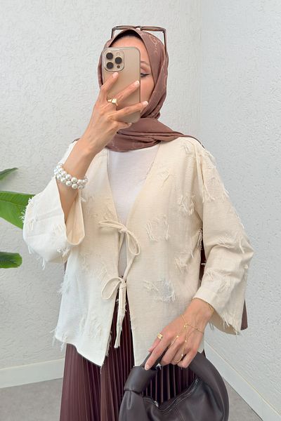 Salih Çelebi Rope Laced Tasseled Kimono 2324 - Stone Color