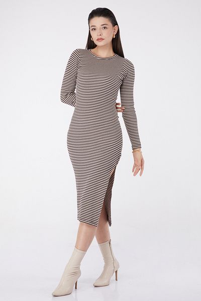 TOFİSA Slit Striped Dress Brown - 26367