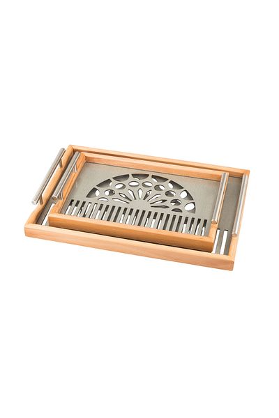 Dania A Set Of Wooden Trays And Bowls With Metal Handles And A Beautifully Engraved Glass-covered Base.