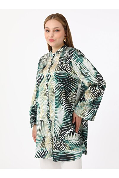ALİA Large Size Leaf Pattern Satin Tunic - Green - Alia