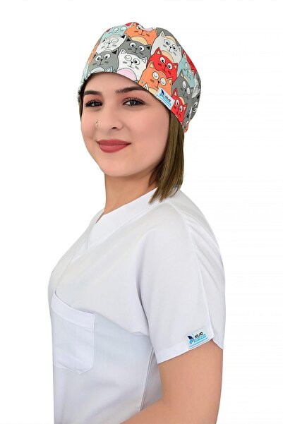 Nur Ortopedi Unisex Turuncu Kedi Temalı Doktor Hemşire Hastane Aşçı Cerrahi Bonesi