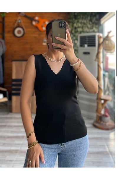 YONGA'S BOUTİQUE Battal Standard Size Ladder Collar Black Blouse