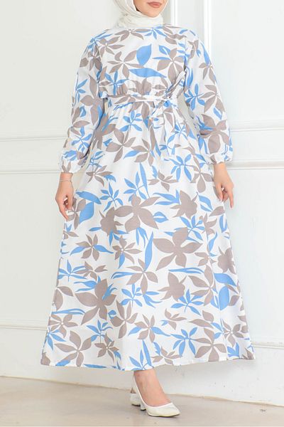 TOFİSA Patterned Gathered Dress White - 26621