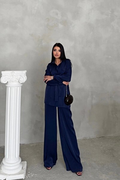 UP TREND COLLECTION PANTALONI CASUAL DIN ȚESĂTURĂ SILVERY - SET CAMASĂ - Bleu...