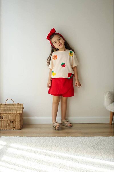Hzmis Girl's Fruit Motif Red Bottom-Top Shorts Skirt Suit