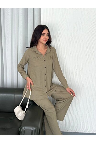 BEFAON Collared Buttoned Long Sleeve Shirt Trousers Double Set - Beige