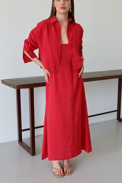 Laluvia Red Modal Shirt Dress Set - 51153
