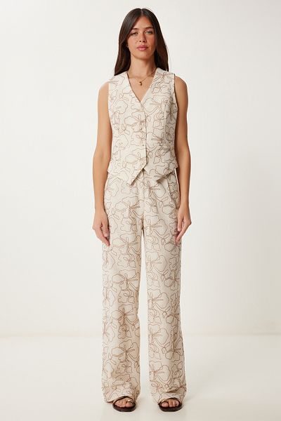 Lovelyİstanbul Embroidery Embroidered Linen Vest Pants Suit Cream Lrv0103