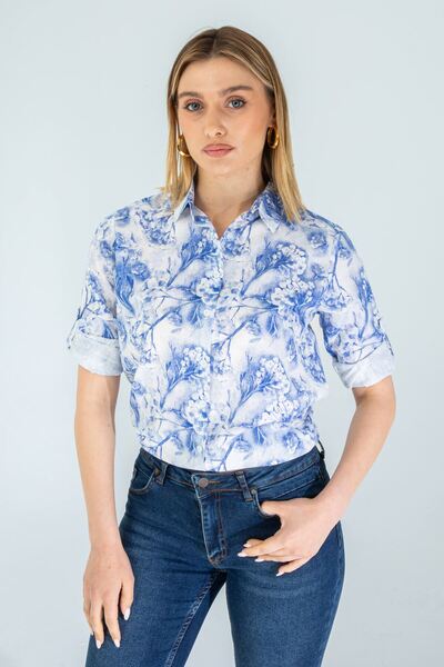Nuevo Women's Blue Patterned Sleeve Fold Linen Shirt