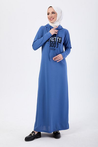 TOFİSA Blue Hooded Collar Women's Dress - 13090