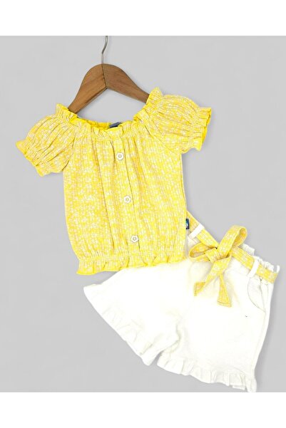 VOY KİDS Girl's 2-3-4-5-6 Years Old Summer Flower Printed Bluzlu Muslin Shorts with Belt Stylish Holiday Girl's Suit