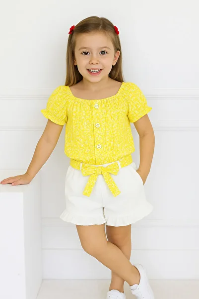 VOY KİDS Girl's 2-3-4-5-6 Years Old Summer Flower Printed Bluzlu Muslin Shorts with Belt Stylish Holiday Girl's Suit