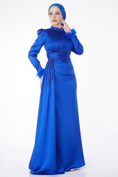 TOFİSA Rochie de seară plisată cu mâneci și guler cu pene Saks - 24885