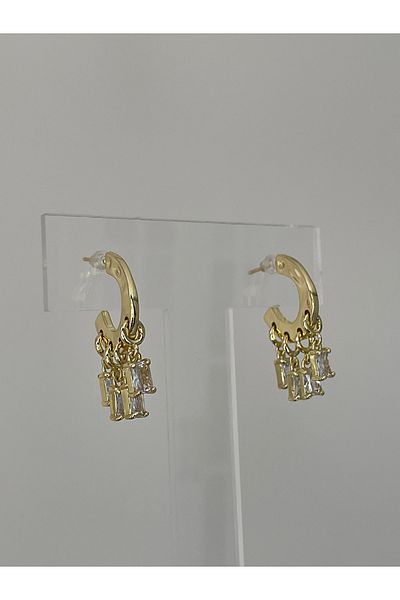 JELLY Women's Steel Gold Color Dangle Baguette Stone Hoop Earrings