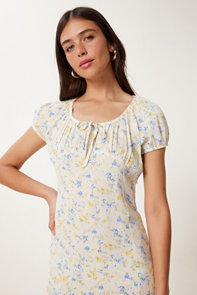 Lovelyİstanbul Çiçek Desenli Yazlık Viskon Elbise KREM MAVİ LHF0027
